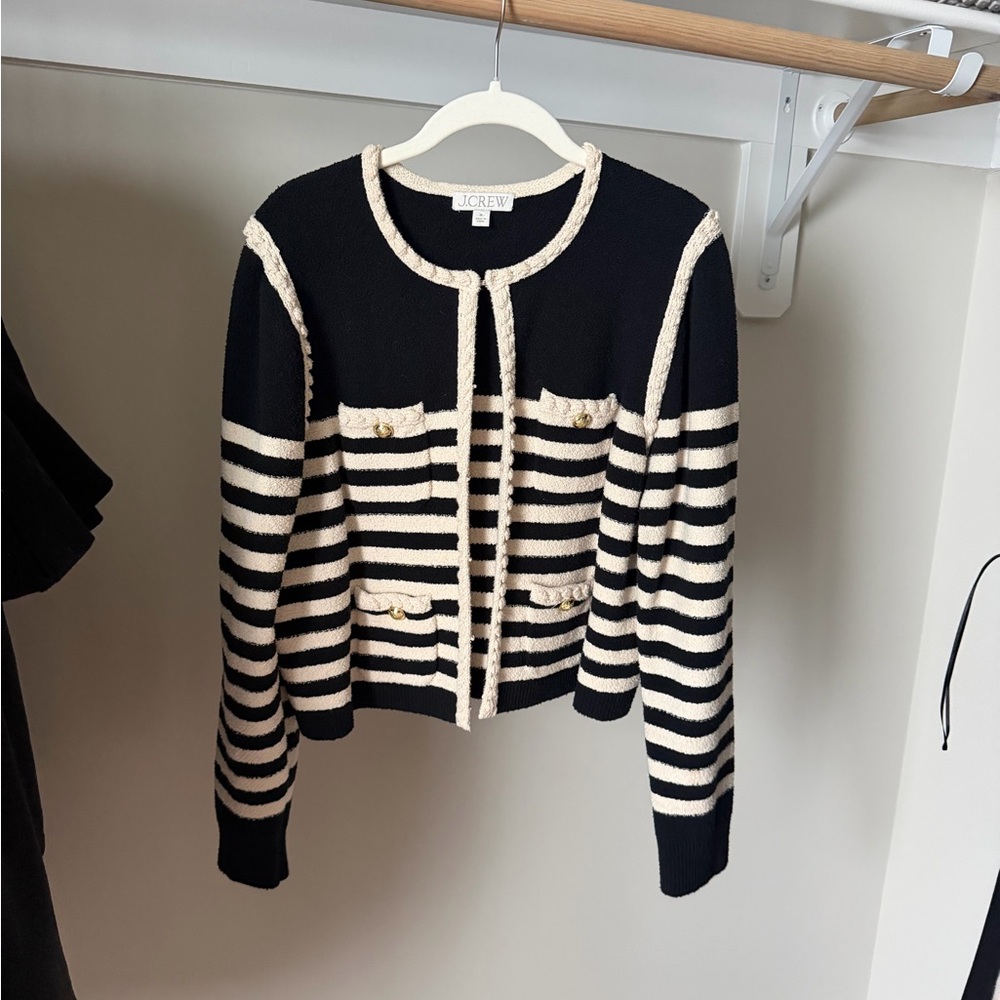 J.Crew Black & Cream Striped Knit Cardigan Sweater — Medium - Picture 2 of 5